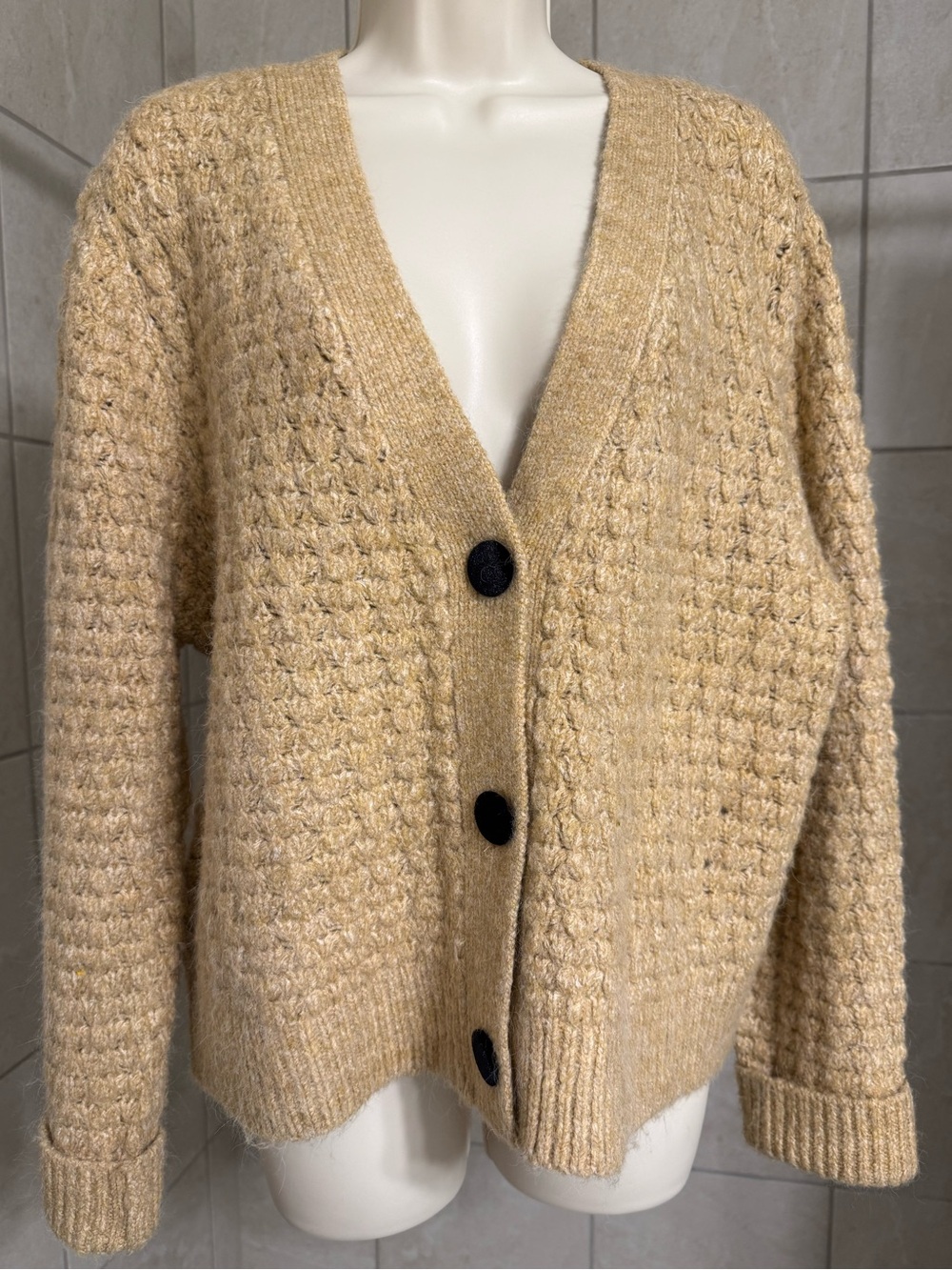 NWOT LOFT brownish gold boxy cardigan with velvety covered buttons, size XL